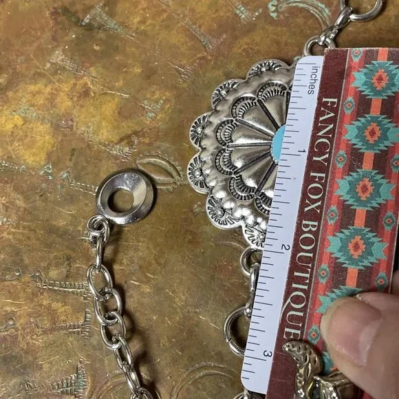 Spring Boho EASTER Gift Southwest Silver Chain belt adjustable 48” Turquoise - Picture 13 of 16